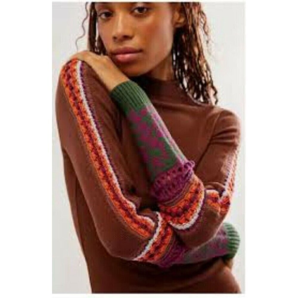 NEW FREE PEOPLE SWITCH IT UP BROWN THERMAL CUFF CROCHET SLEEVE TOP SZ XS
